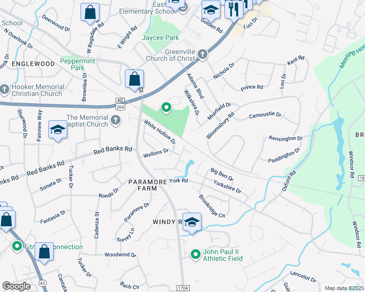 map of restaurants, bars, coffee shops, grocery stores, and more near 2231 Locksley Woods Drive in Greenville