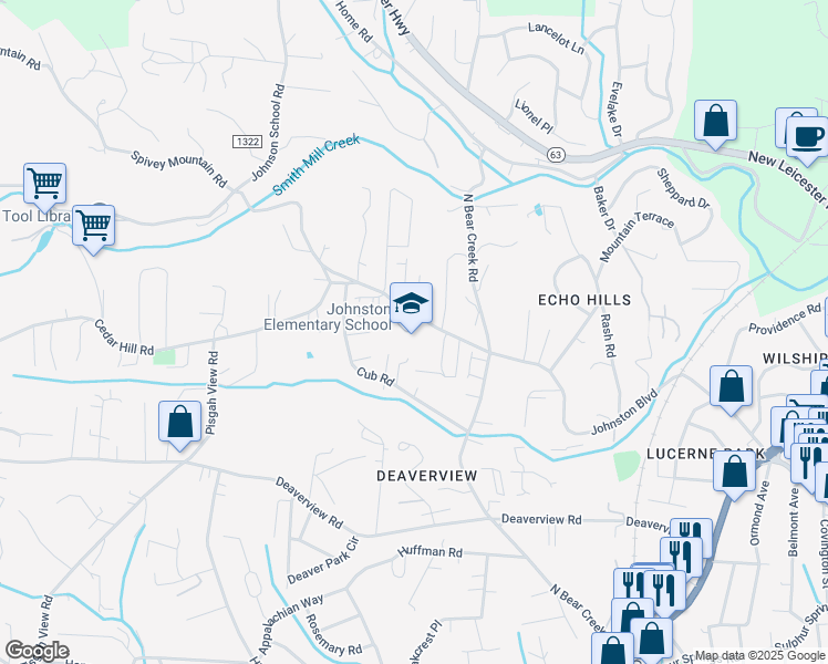 map of restaurants, bars, coffee shops, grocery stores, and more near 230 Johnston Boulevard in Asheville