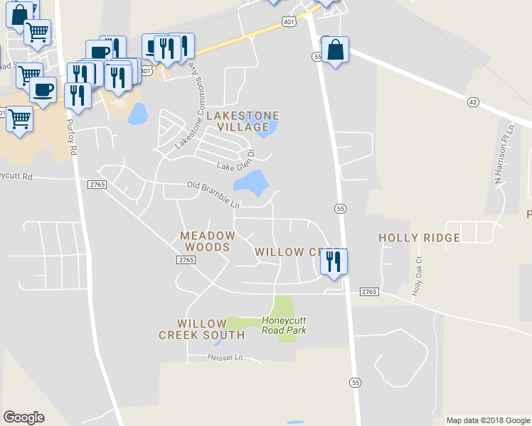 map of restaurants, bars, coffee shops, grocery stores, and more near 1753 East Honey Springs Avenue in Fuquay Varina