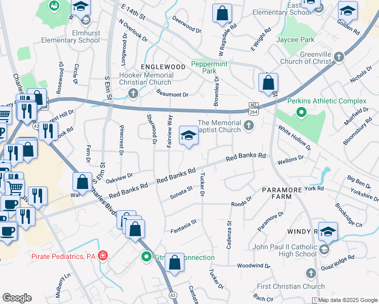map of restaurants, bars, coffee shops, grocery stores, and more near 1325 Red Banks Road in Greenville