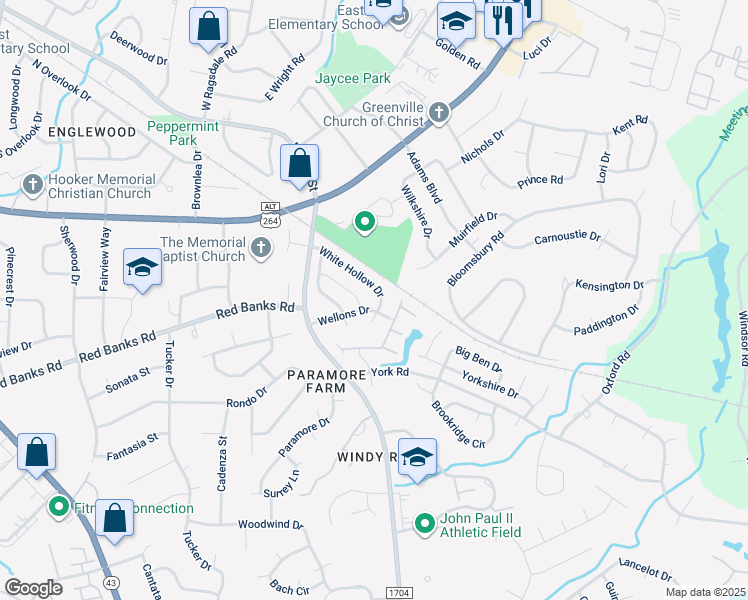 map of restaurants, bars, coffee shops, grocery stores, and more near 1928 White Hollow Drive in Greenville