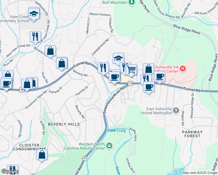 map of restaurants, bars, coffee shops, grocery stores, and more near 1007 Tunnel Road in Asheville