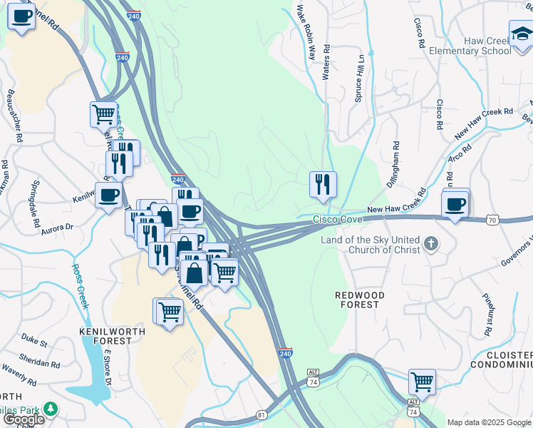 map of restaurants, bars, coffee shops, grocery stores, and more near 69 Old Haw Creek Road in Asheville