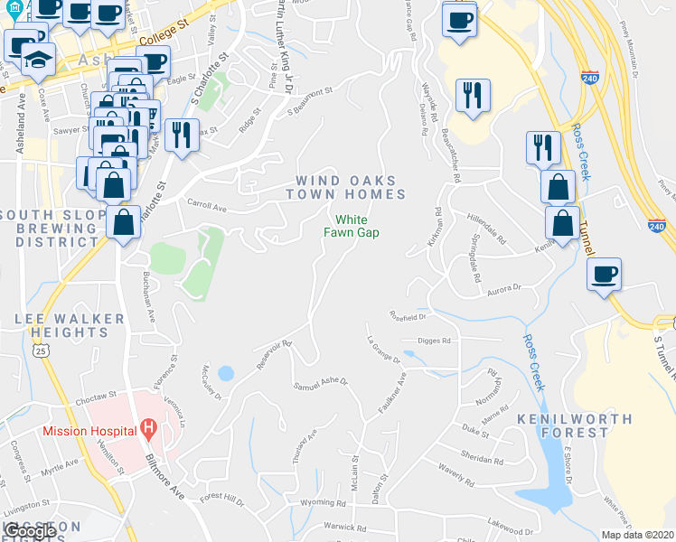 map of restaurants, bars, coffee shops, grocery stores, and more near 44 Alexander Drive in Asheville