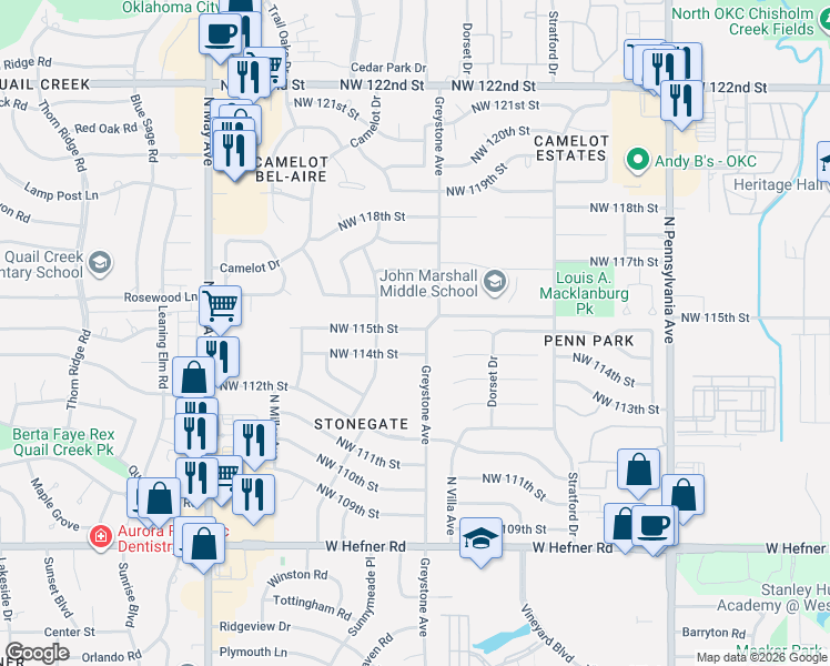 map of restaurants, bars, coffee shops, grocery stores, and more near 11513 Greystone Avenue in Oklahoma City