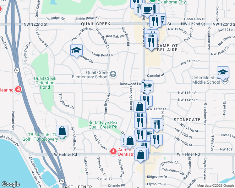 map of restaurants, bars, coffee shops, grocery stores, and more near 3015 Willow Brook Road in Oklahoma City