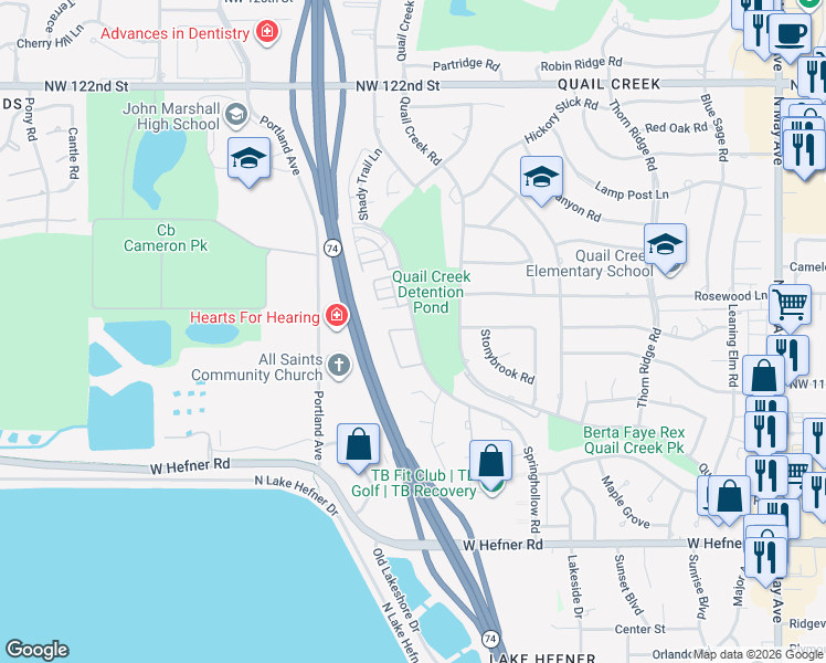 map of restaurants, bars, coffee shops, grocery stores, and more near 11407 Springhollow Road in Oklahoma City
