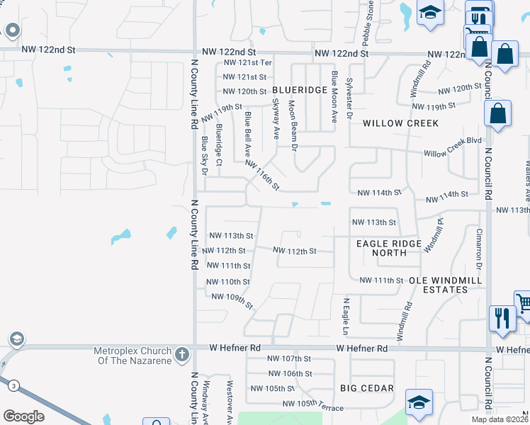 map of restaurants, bars, coffee shops, grocery stores, and more near 8717 Northwest 114th Street in Oklahoma City