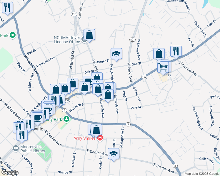 map of restaurants, bars, coffee shops, grocery stores, and more near 634 North Main Street in Mooresville