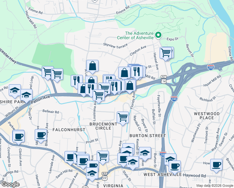map of restaurants, bars, coffee shops, grocery stores, and more near Patton Avenue in Asheville