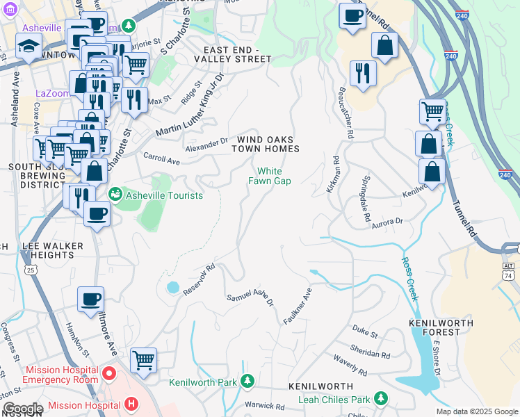 map of restaurants, bars, coffee shops, grocery stores, and more near 458 Windswept Drive in Asheville