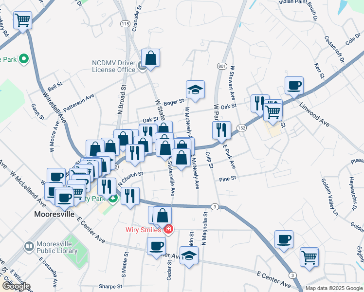 map of restaurants, bars, coffee shops, grocery stores, and more near 628 North Main Street in Mooresville