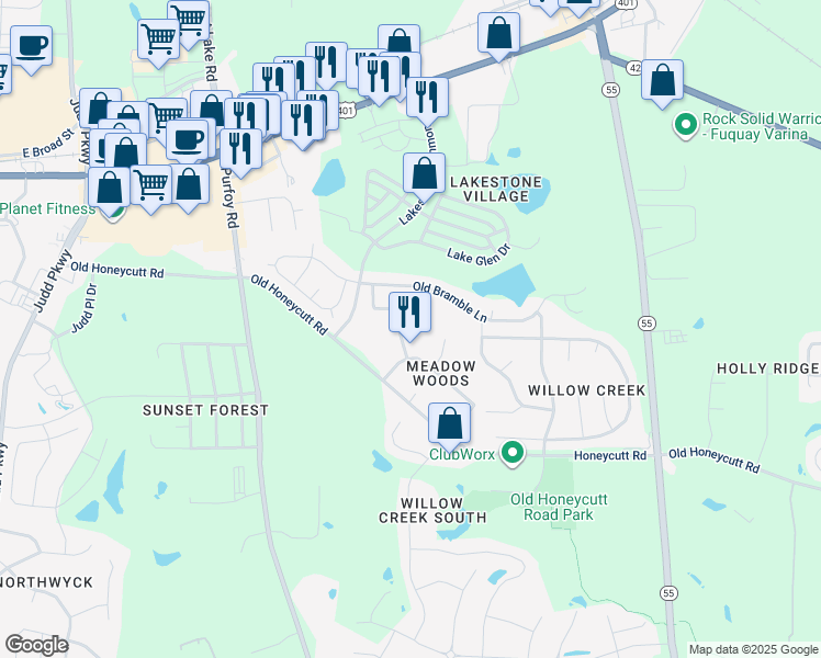 map of restaurants, bars, coffee shops, grocery stores, and more near 1208 Mill Valley Road in Fuquay-Varina