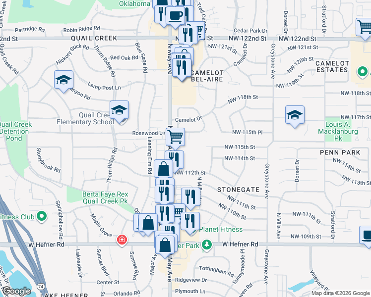map of restaurants, bars, coffee shops, grocery stores, and more near 11540 North May Avenue in Oklahoma City