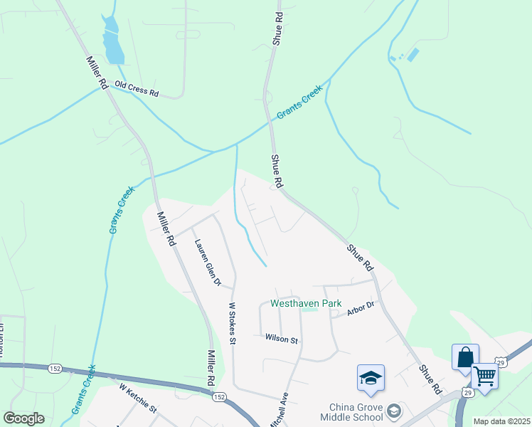 map of restaurants, bars, coffee shops, grocery stores, and more near 305 Haven Trail in China Grove