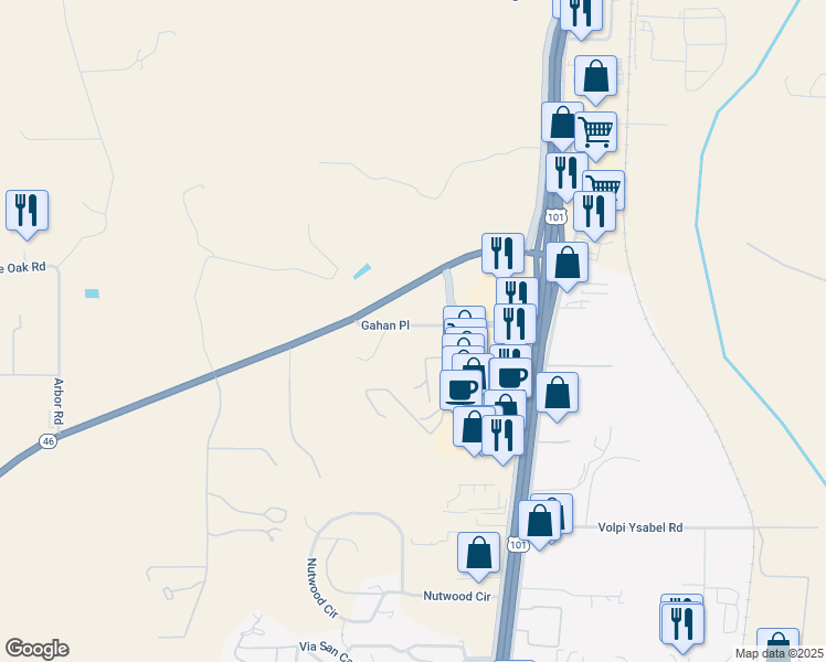 map of restaurants, bars, coffee shops, grocery stores, and more near 425 Gahan Place in Paso Robles