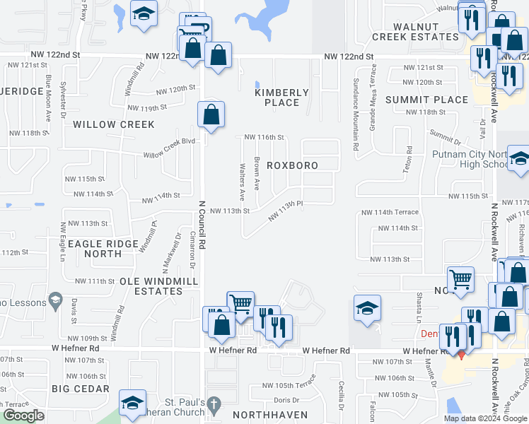 map of restaurants, bars, coffee shops, grocery stores, and more near 7712 Northwest 113th Street in Oklahoma City