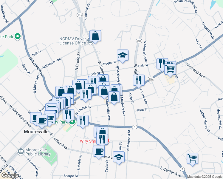 map of restaurants, bars, coffee shops, grocery stores, and more near 618 North Main Street in Mooresville