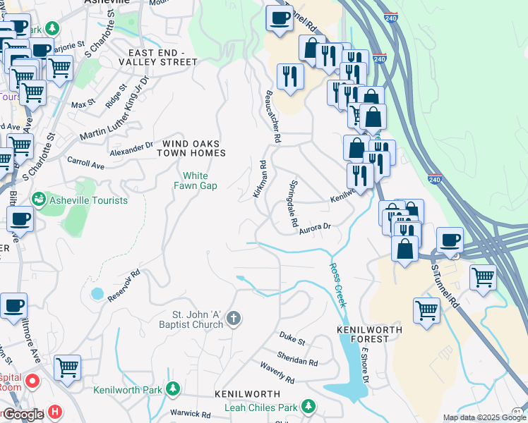 map of restaurants, bars, coffee shops, grocery stores, and more near 74 Aurora Drive in Asheville