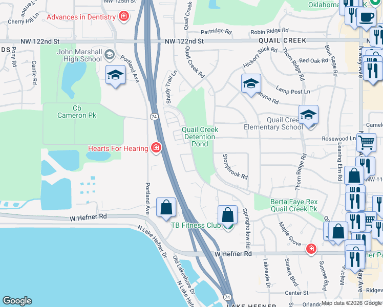 map of restaurants, bars, coffee shops, grocery stores, and more near 11407 Springhollow Road in Oklahoma City