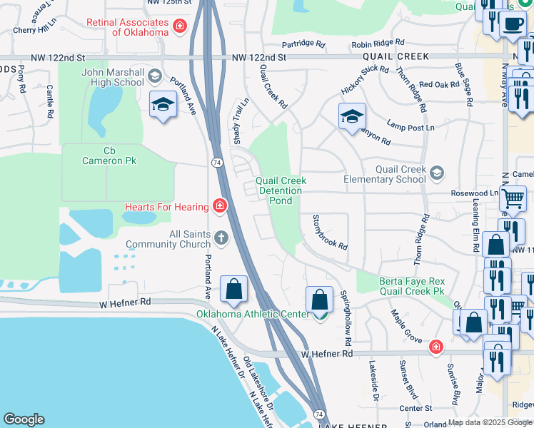 map of restaurants, bars, coffee shops, grocery stores, and more near 11407 Springhollow Road in Oklahoma City