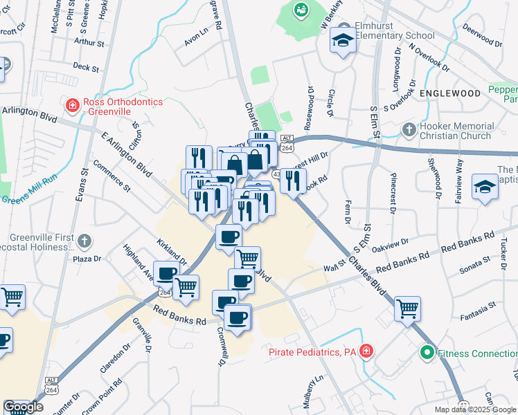 map of restaurants, bars, coffee shops, grocery stores, and more near 714 Greenville Boulevard Southeast in Greenville