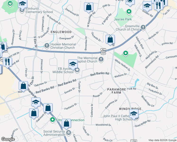 map of restaurants, bars, coffee shops, grocery stores, and more near 204 Dellwood Drive in Greenville