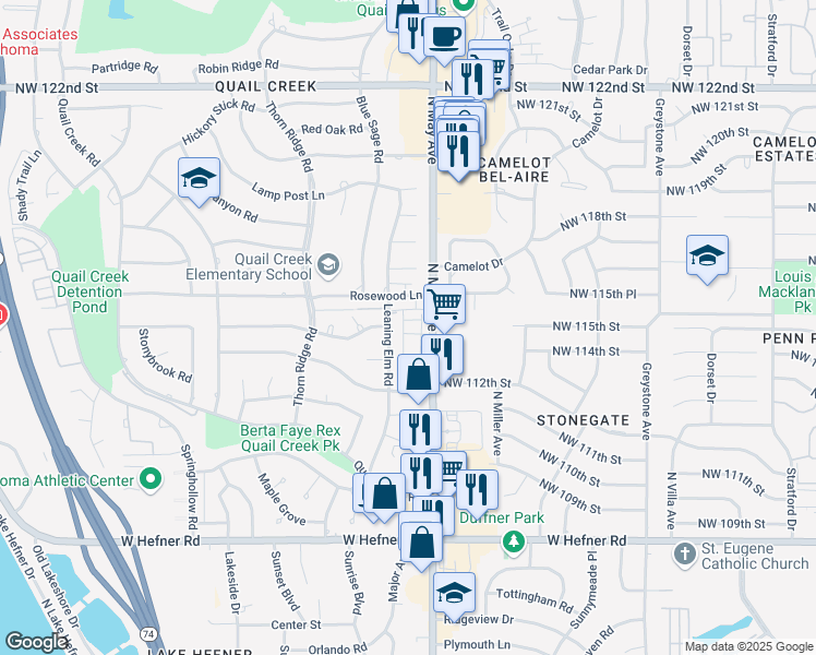 map of restaurants, bars, coffee shops, grocery stores, and more near 11427 North May Avenue in Oklahoma City