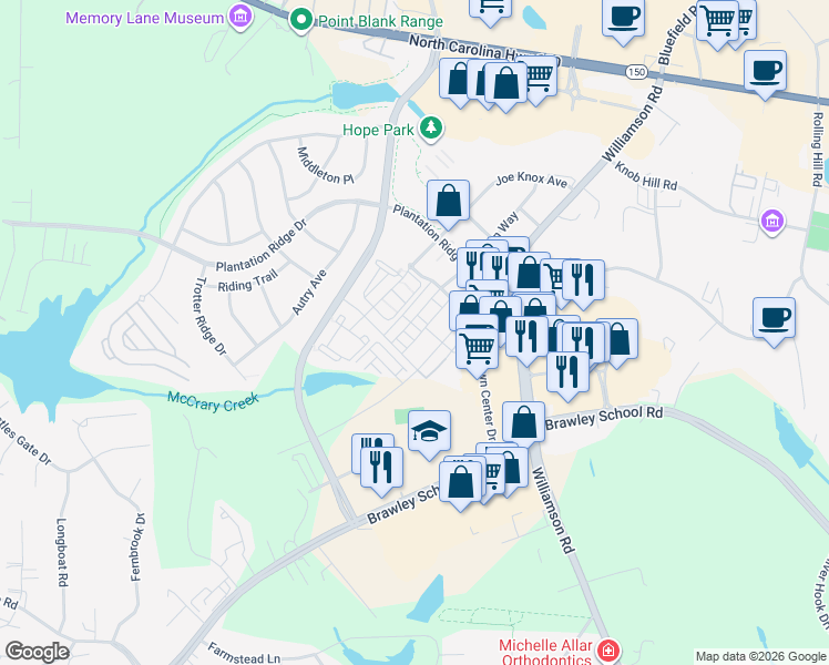 map of restaurants, bars, coffee shops, grocery stores, and more near 222 Welton Way in Mooresville