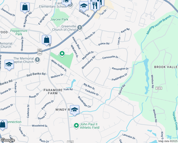 map of restaurants, bars, coffee shops, grocery stores, and more near 556 Westminster Circle in Greenville