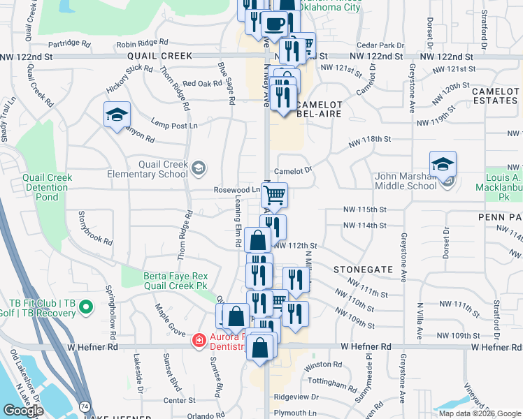map of restaurants, bars, coffee shops, grocery stores, and more near 11427 North May Avenue in Oklahoma City