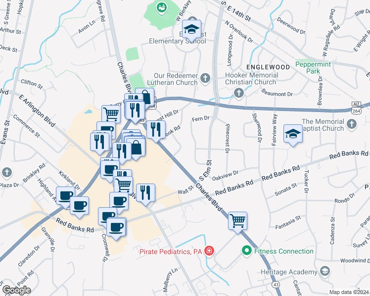 map of restaurants, bars, coffee shops, grocery stores, and more near 2111 Southview Drive in Greenville