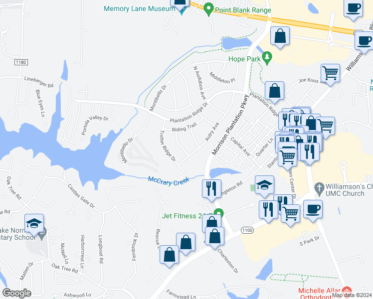 map of restaurants, bars, coffee shops, grocery stores, and more near 125 Morrocroft Lane in Mooresville