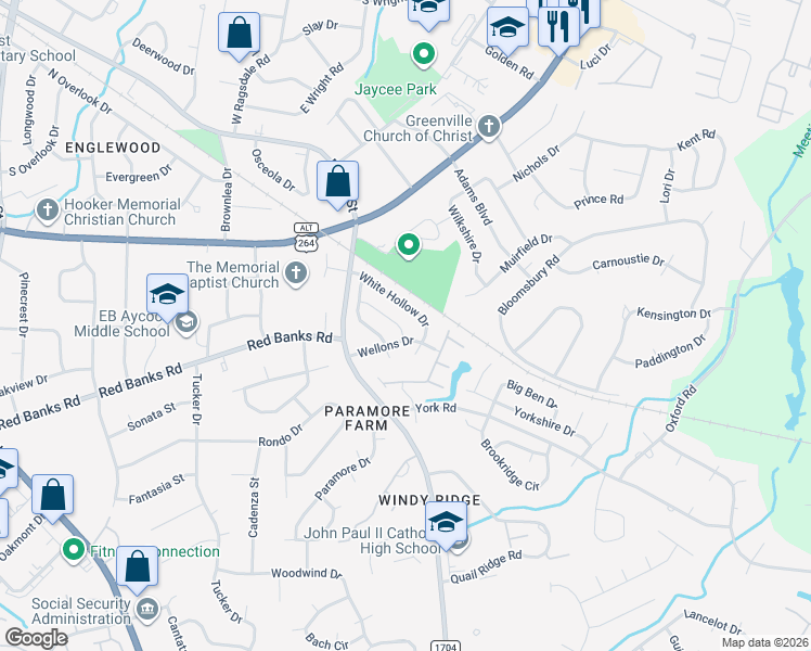 map of restaurants, bars, coffee shops, grocery stores, and more near 1928 White Hollow Drive in Greenville