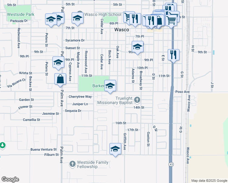 map of restaurants, bars, coffee shops, grocery stores, and more near 1445 Poso Dr in Wasco