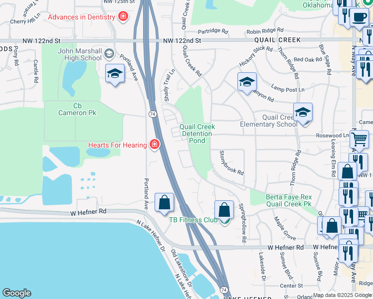 map of restaurants, bars, coffee shops, grocery stores, and more near 11415 Springhollow Road in Oklahoma City