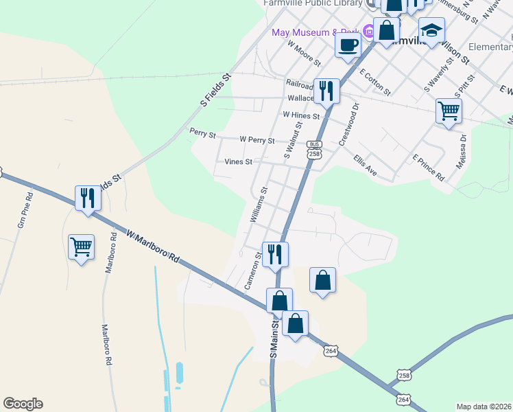 map of restaurants, bars, coffee shops, grocery stores, and more near 3737 South George Street in Farmville