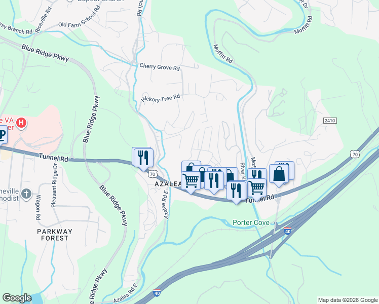 map of restaurants, bars, coffee shops, grocery stores, and more near 6 Gilligans Alley in Asheville