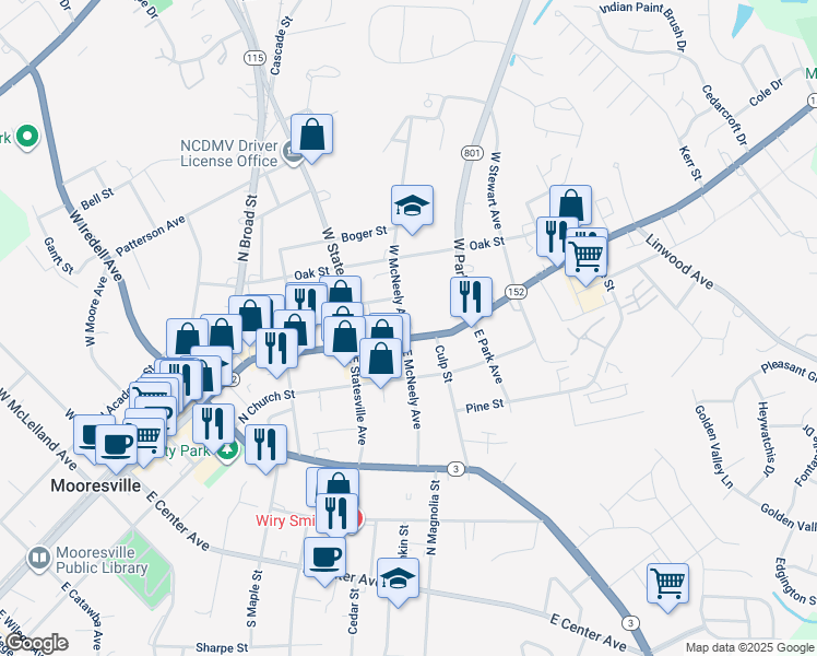 map of restaurants, bars, coffee shops, grocery stores, and more near 107 West McNeely Avenue in Mooresville
