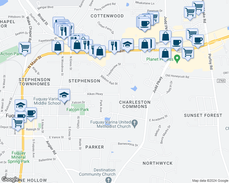 map of restaurants, bars, coffee shops, grocery stores, and more near 655 Aiken Parkway in Fuquay Varina