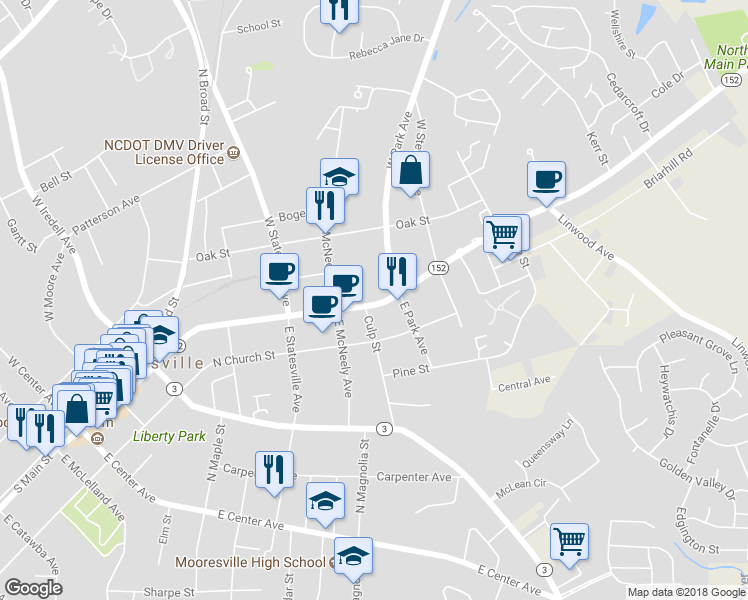 map of restaurants, bars, coffee shops, grocery stores, and more near 738 North Main Street in Mooresville