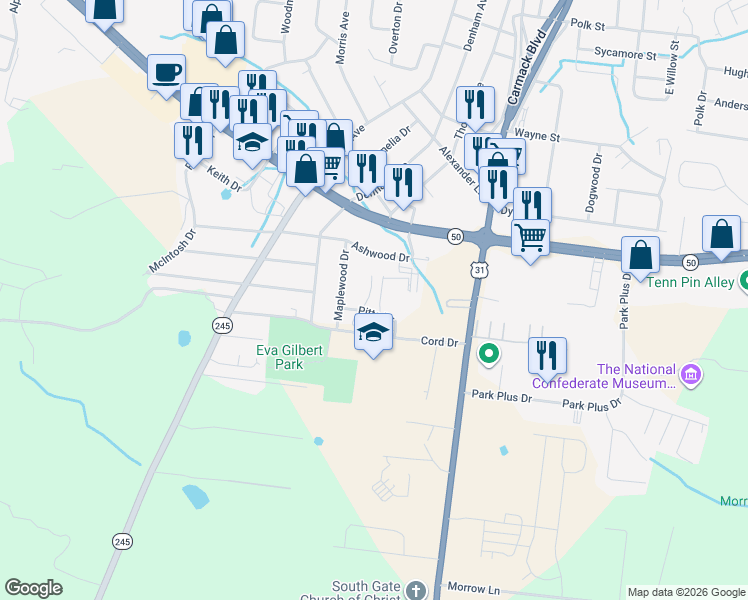 map of restaurants, bars, coffee shops, grocery stores, and more near 2515 Pitts Court in Columbia