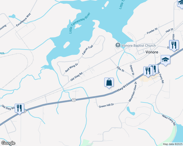map of restaurants, bars, coffee shops, grocery stores, and more near 606 Old Slag Road in Vonore