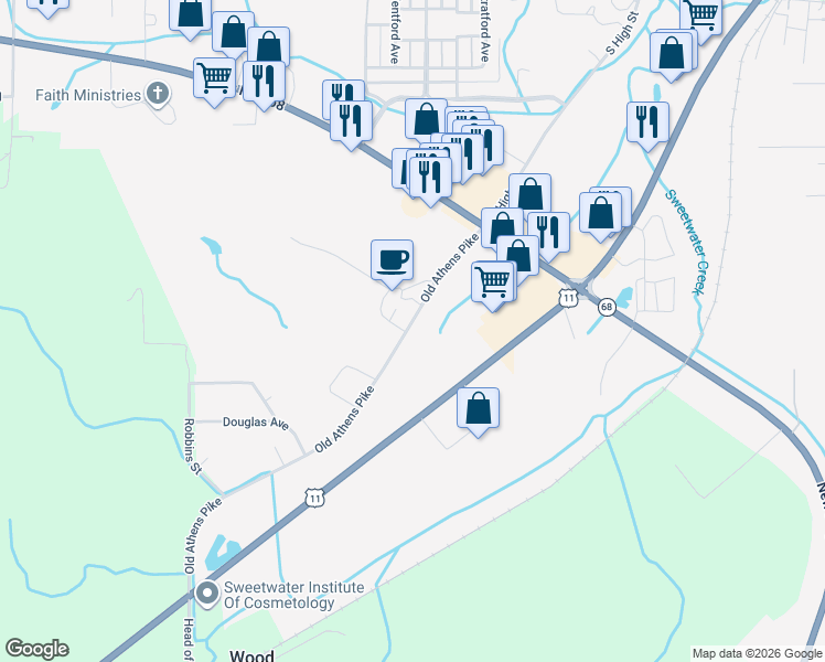 map of restaurants, bars, coffee shops, grocery stores, and more near 148 Old Athens Pike in Sweetwater