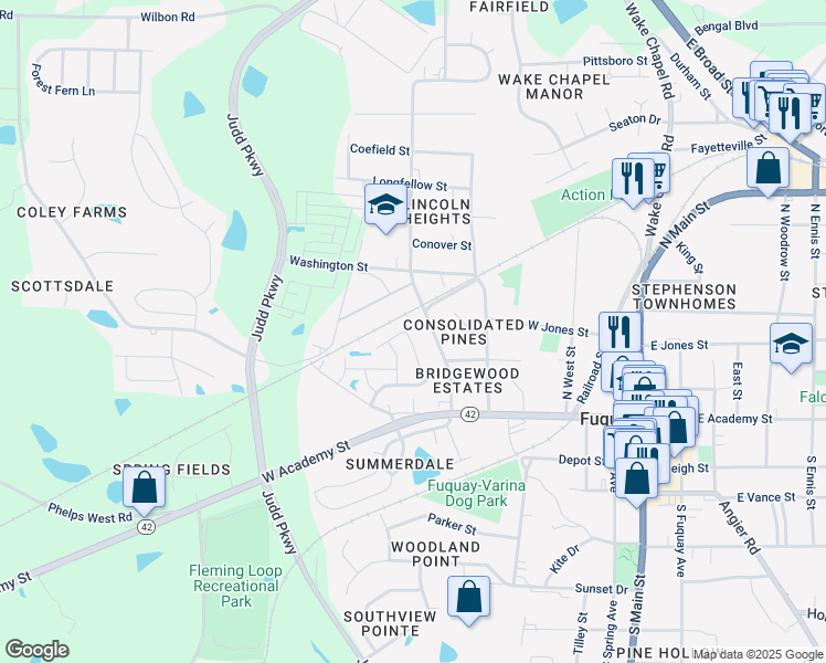 map of restaurants, bars, coffee shops, grocery stores, and more near 147 Bridge Street in Fuquay-Varina