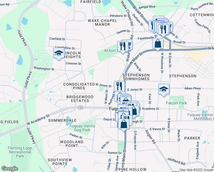 map of restaurants, bars, coffee shops, grocery stores, and more near 301 West Jones Street in Fuquay Varina