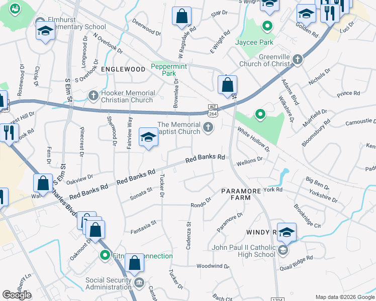 map of restaurants, bars, coffee shops, grocery stores, and more near 204 Dellwood Drive in Greenville