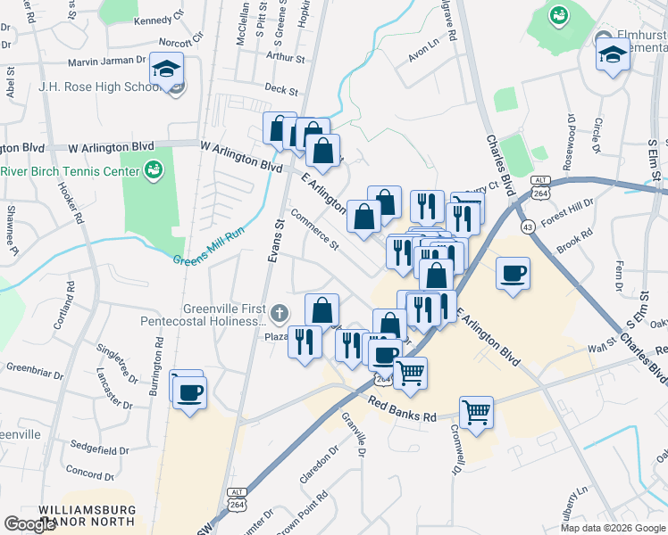 map of restaurants, bars, coffee shops, grocery stores, and more near 210 Commerce Street in Greenville
