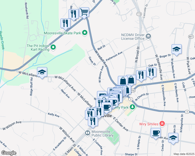 map of restaurants, bars, coffee shops, grocery stores, and more near 388 West Moore Avenue in Mooresville