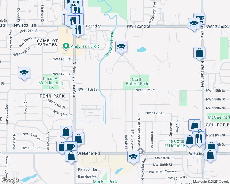 map of restaurants, bars, coffee shops, grocery stores, and more near 1701 Northwest 115th Street in Oklahoma City